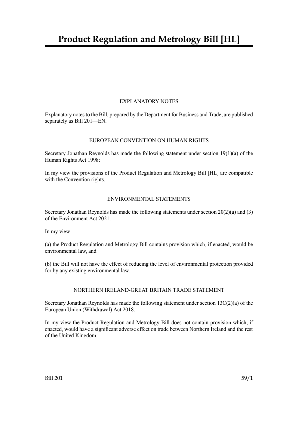 Product Regulation and Metrology Bill [as brought from the Lords]