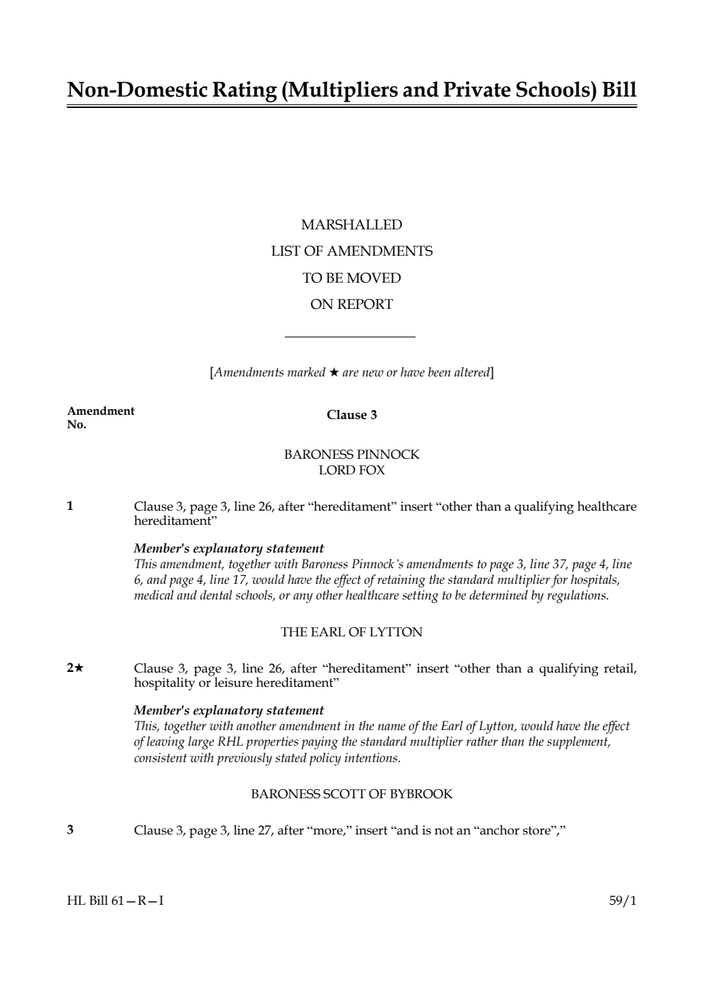 Non-domestic Rating (Multipliers and Private Schools) Bill Marshalled List of amendments to be moved on report
