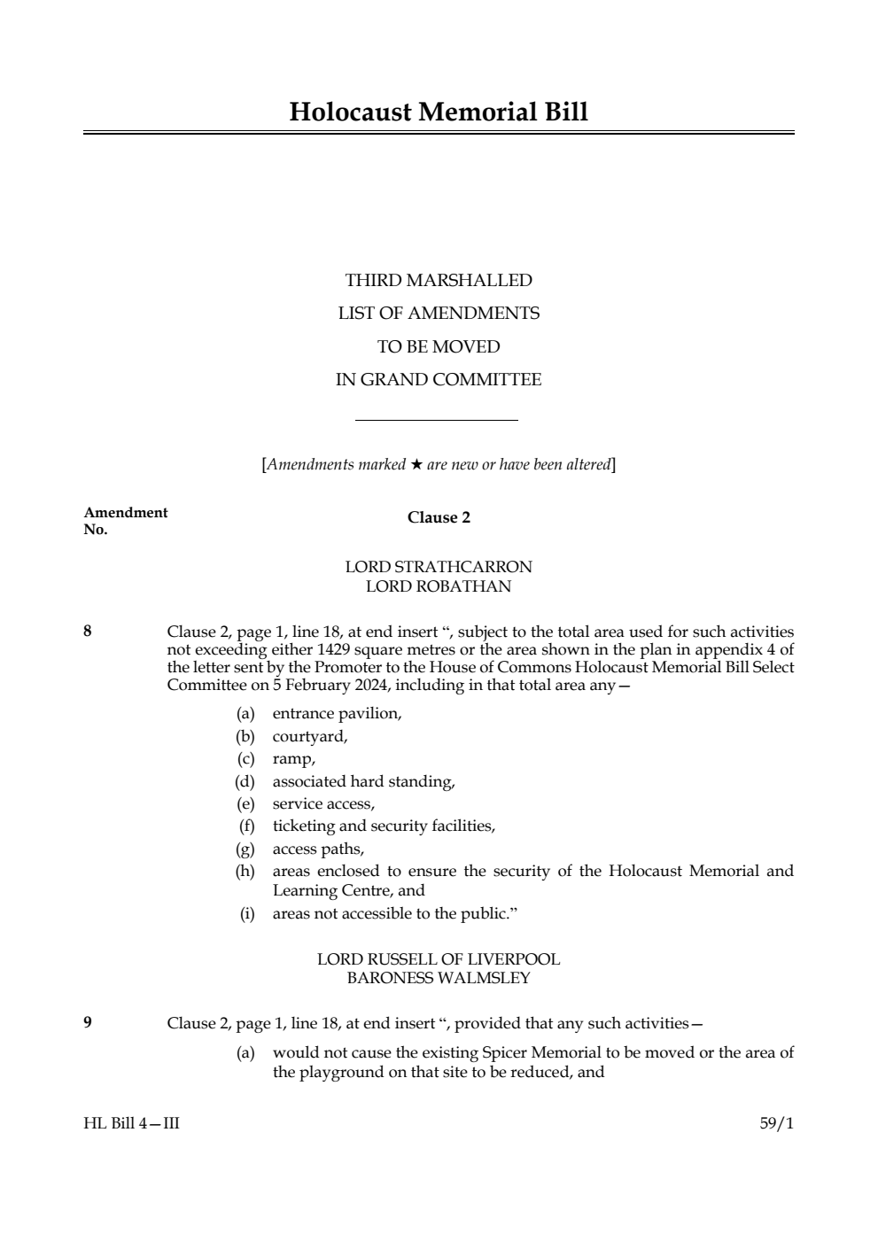 Holocaust Memorial Bill Third Marshalled List of amendments to be moved in Grand Committee