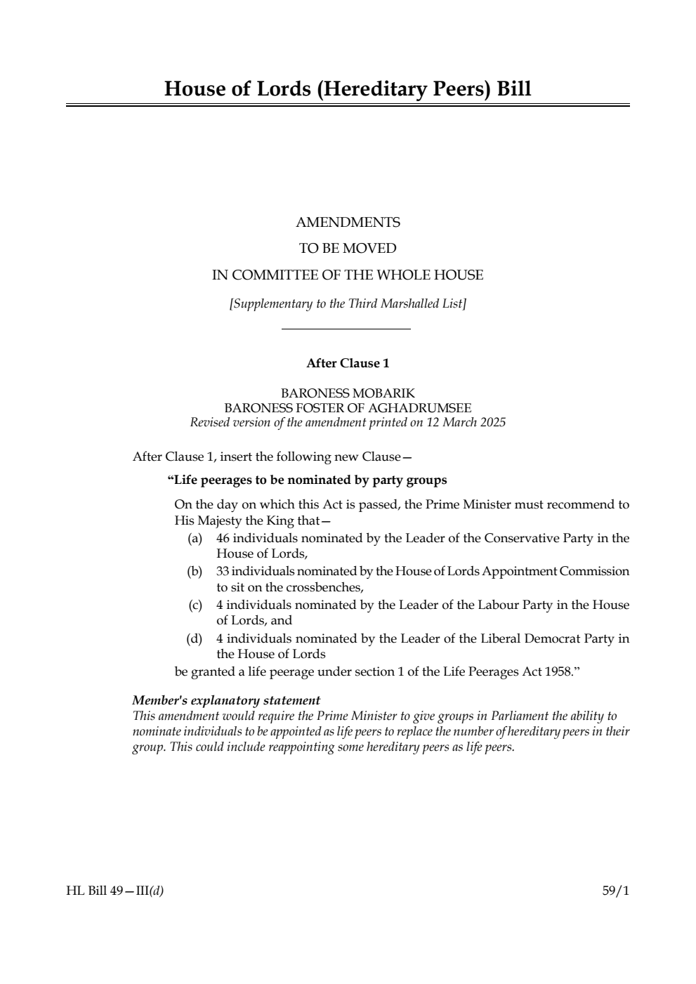 House of Lords (Hereditary Peers) Bill Amendments to be moved in Committee of the Whole House [Supplementary to the Third Marshalled List] 