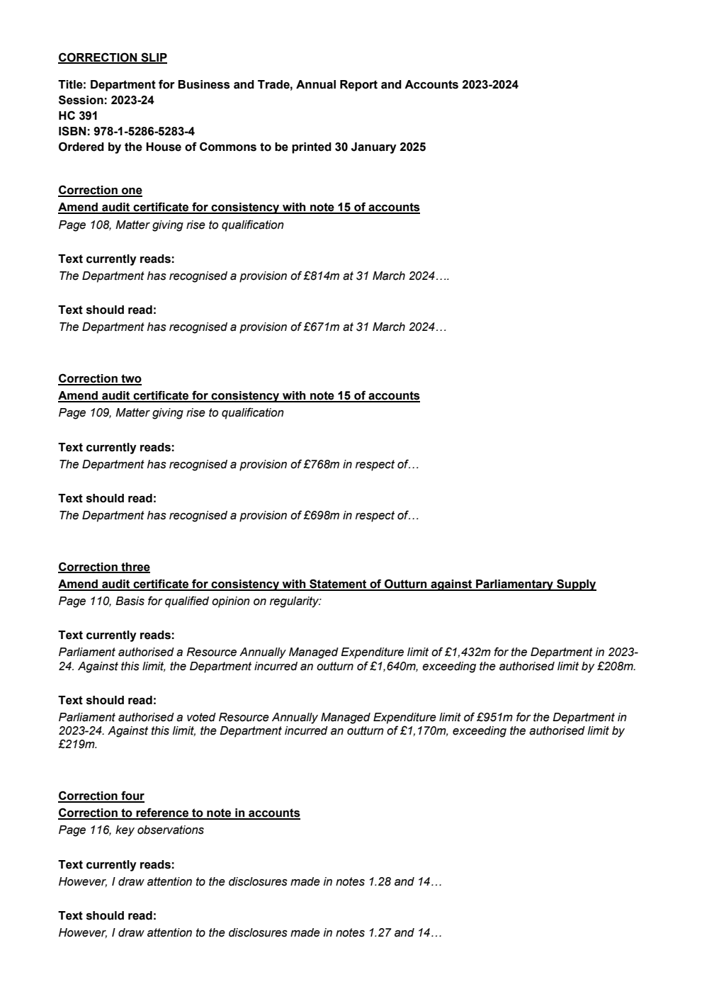 Department for Business and Trade Annual Report and Accounts 2023-2024 for the period 1 April 2023 to 31 March 2024. Correction Slip, March 2025