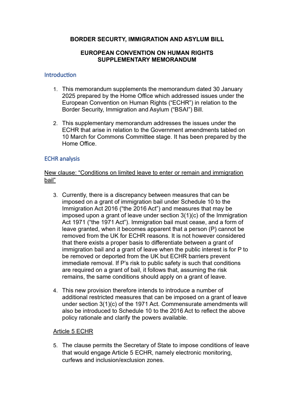 Border Security, Asylum and Immigration Bill European Convention on Human Rights Supplementary Memorandum