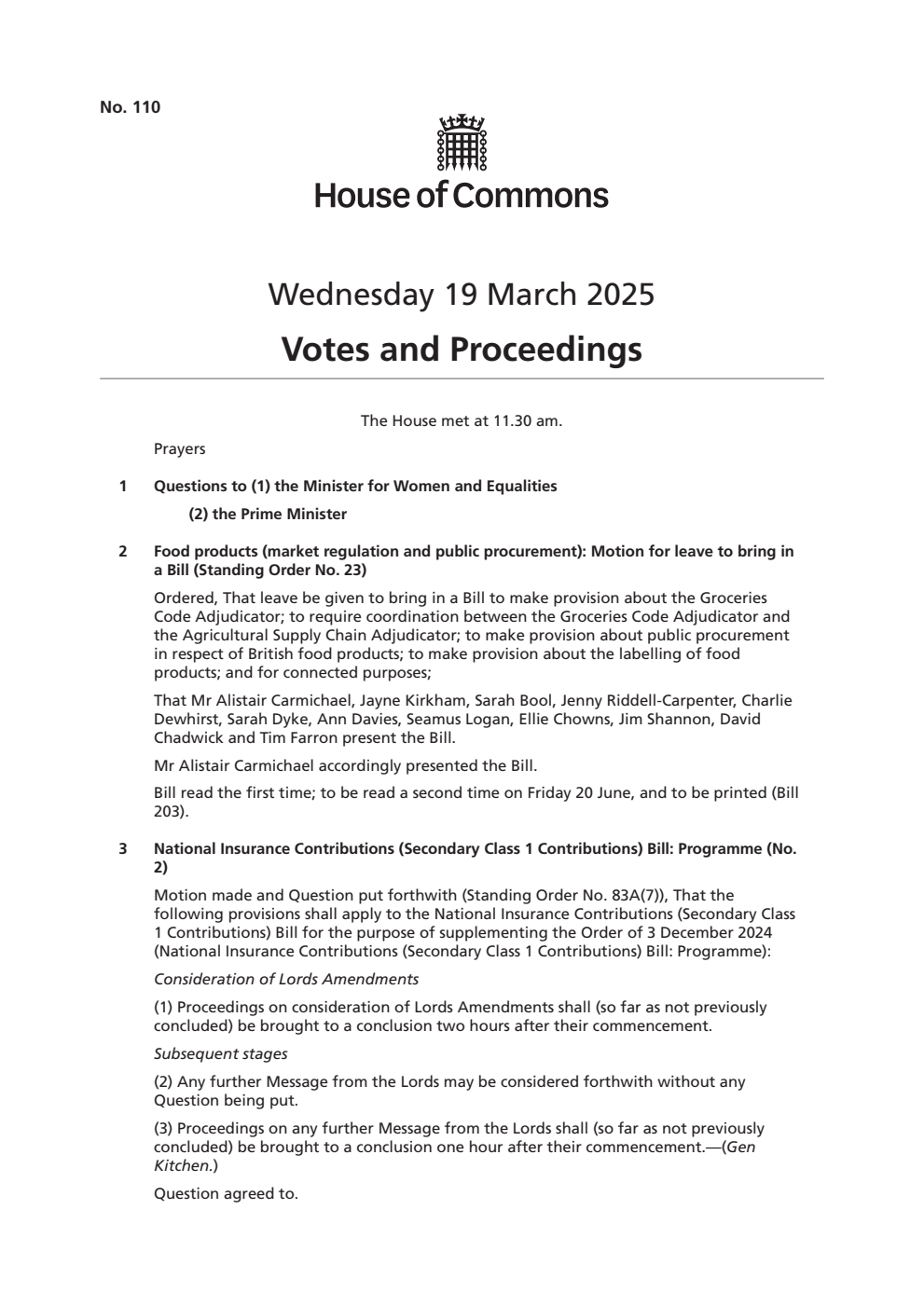 Votes and Proceeding Wednesday 19 March 2025