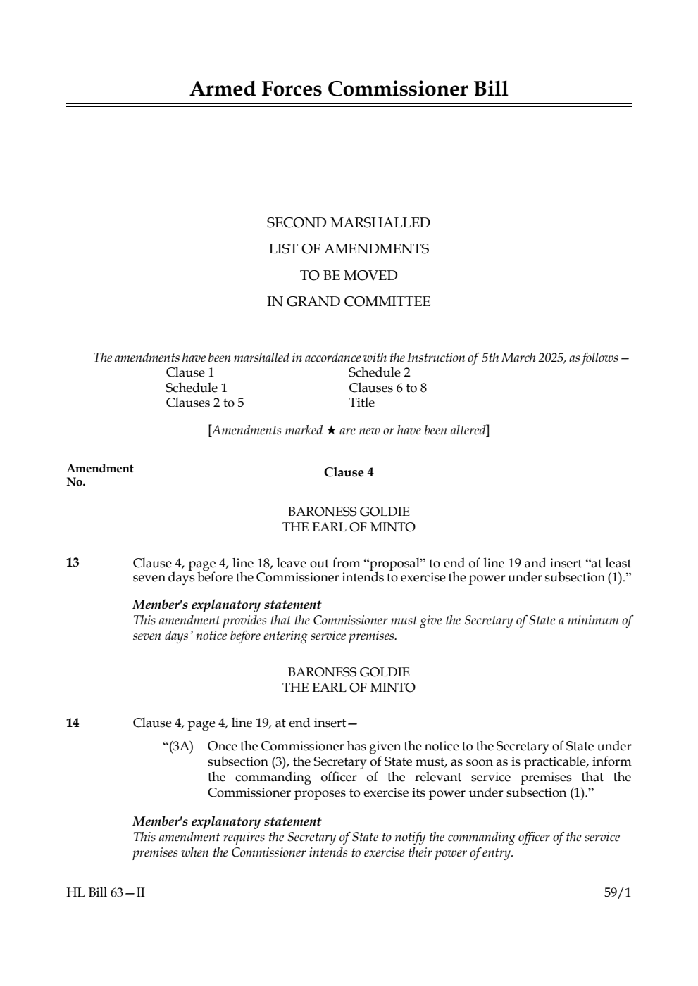 Armed Forces Commissioner Bill Second Marshalled List of amendments to be moved in Grand Committee