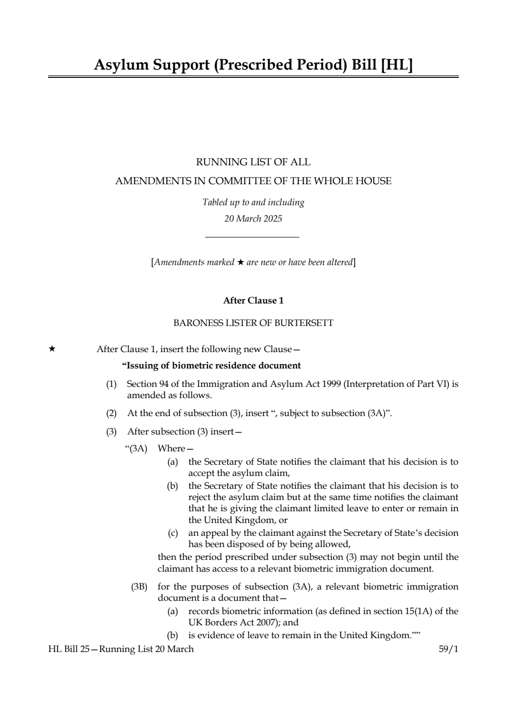 Asylum Support (Prescribed Period) Bill Running List of all amendments in Committee of the Whole House tabled up to and including 20 March 2025