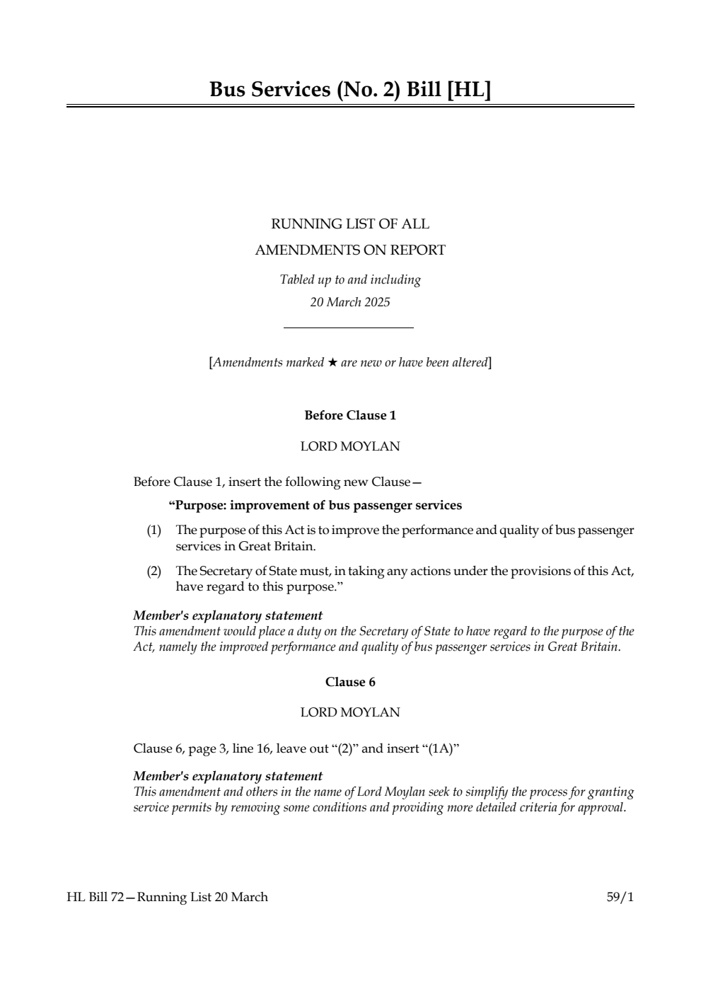 Bus Services (No. 2) Bill Running List of all amendments on report tabled up to and including 20 March 2025