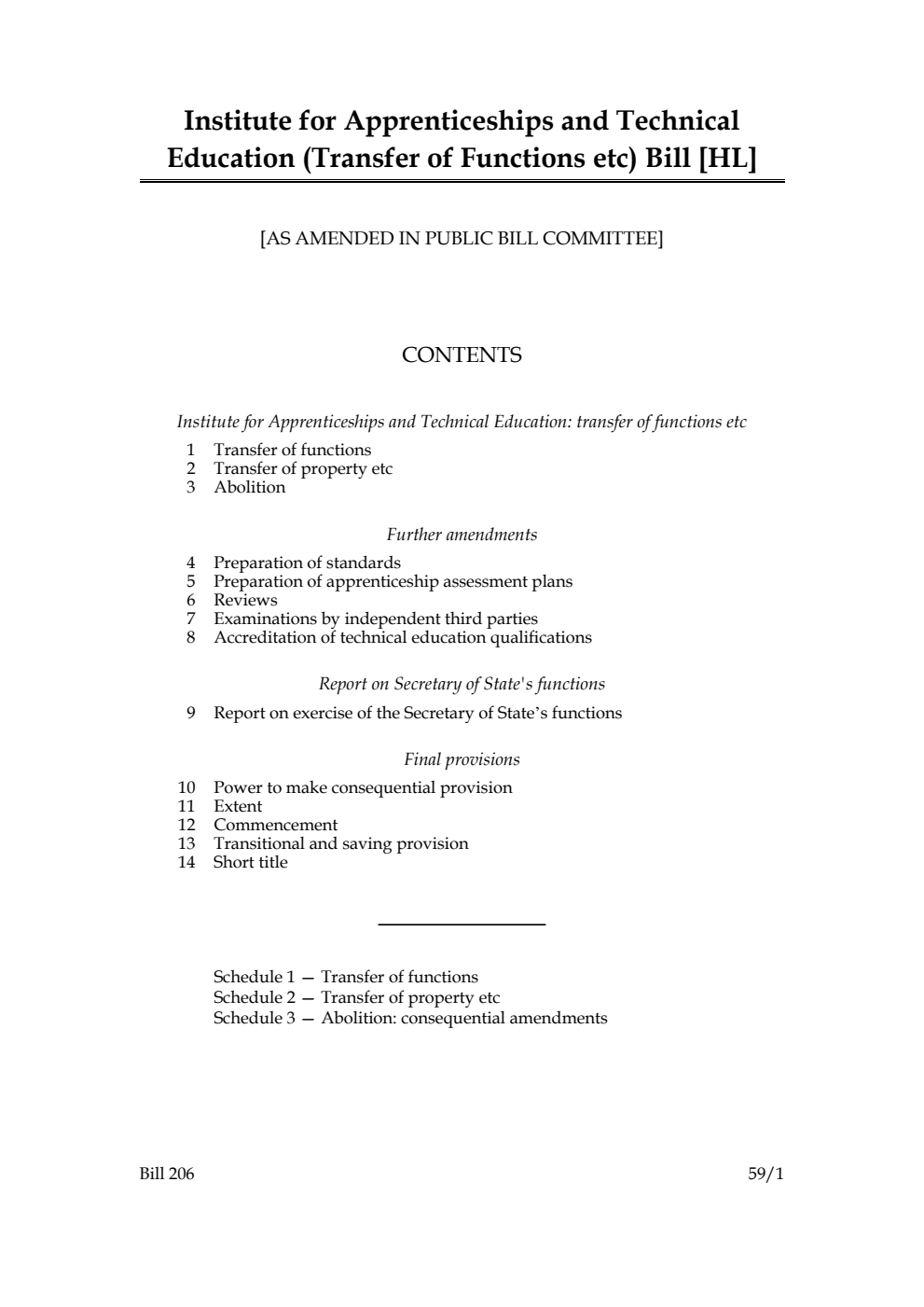 Institute for Apprenticeships and Technical Education (Transfer of Functions etc) Bill [as amended in Public Bill Committee]