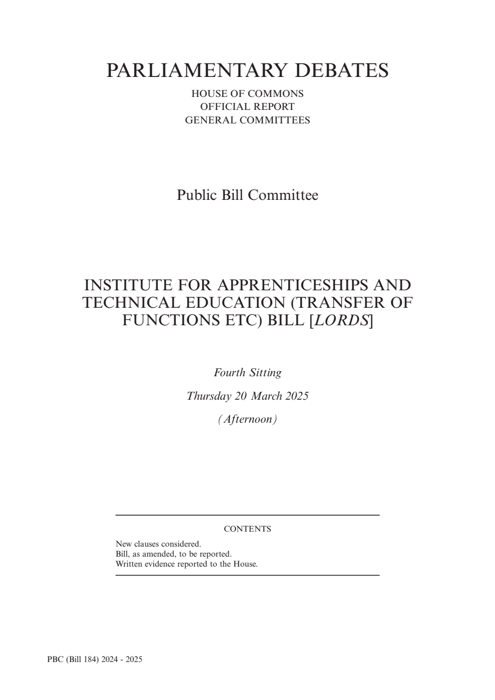 Institute for Apprenticeships and Technical Education (Transfer of Functions etc) Public Bill Committee 4th Sitting 20th March 2025 PM