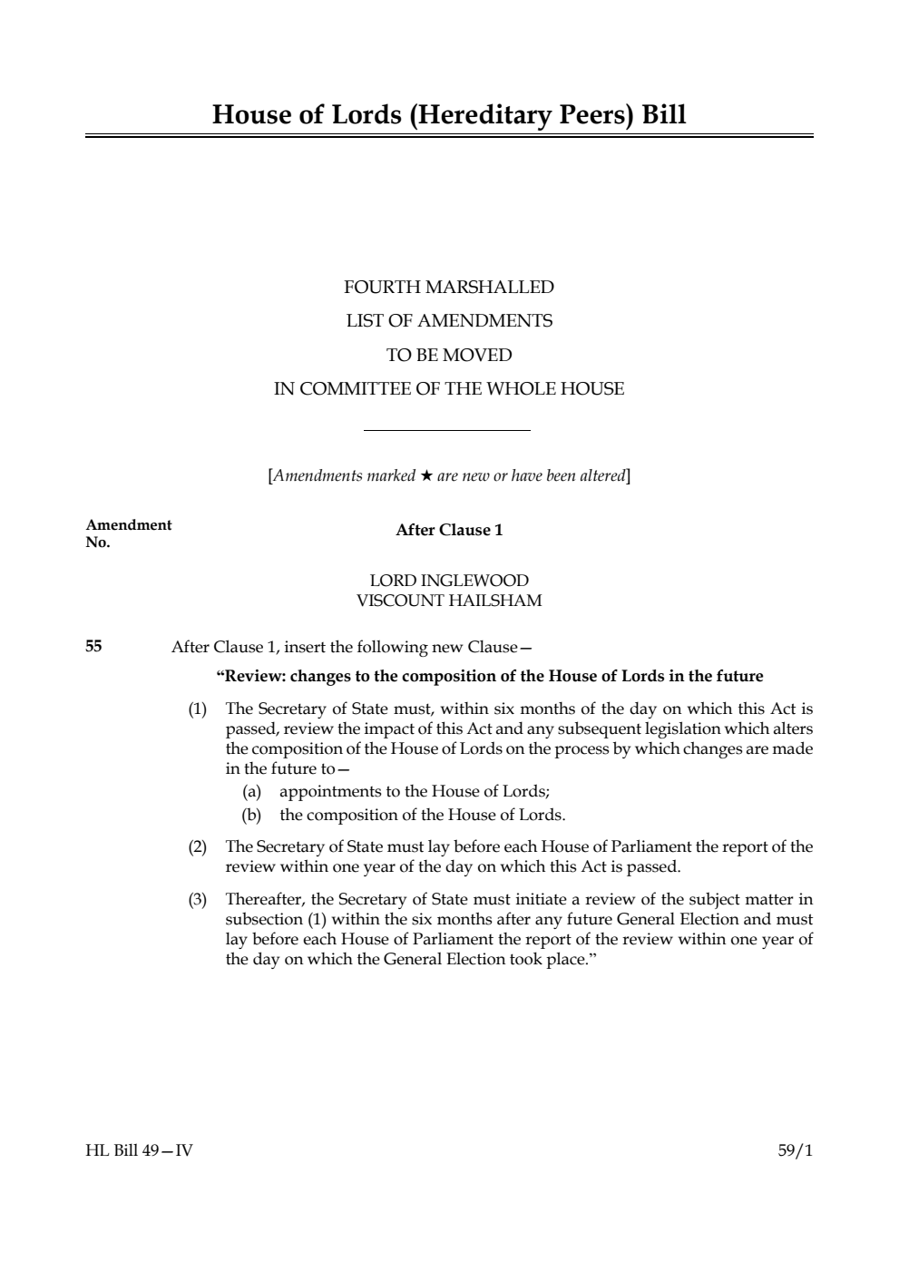 House of Lords (Hereditary Peers) Bill Fourth Marshalled List of amendments to be moved in Committee of the Whole House