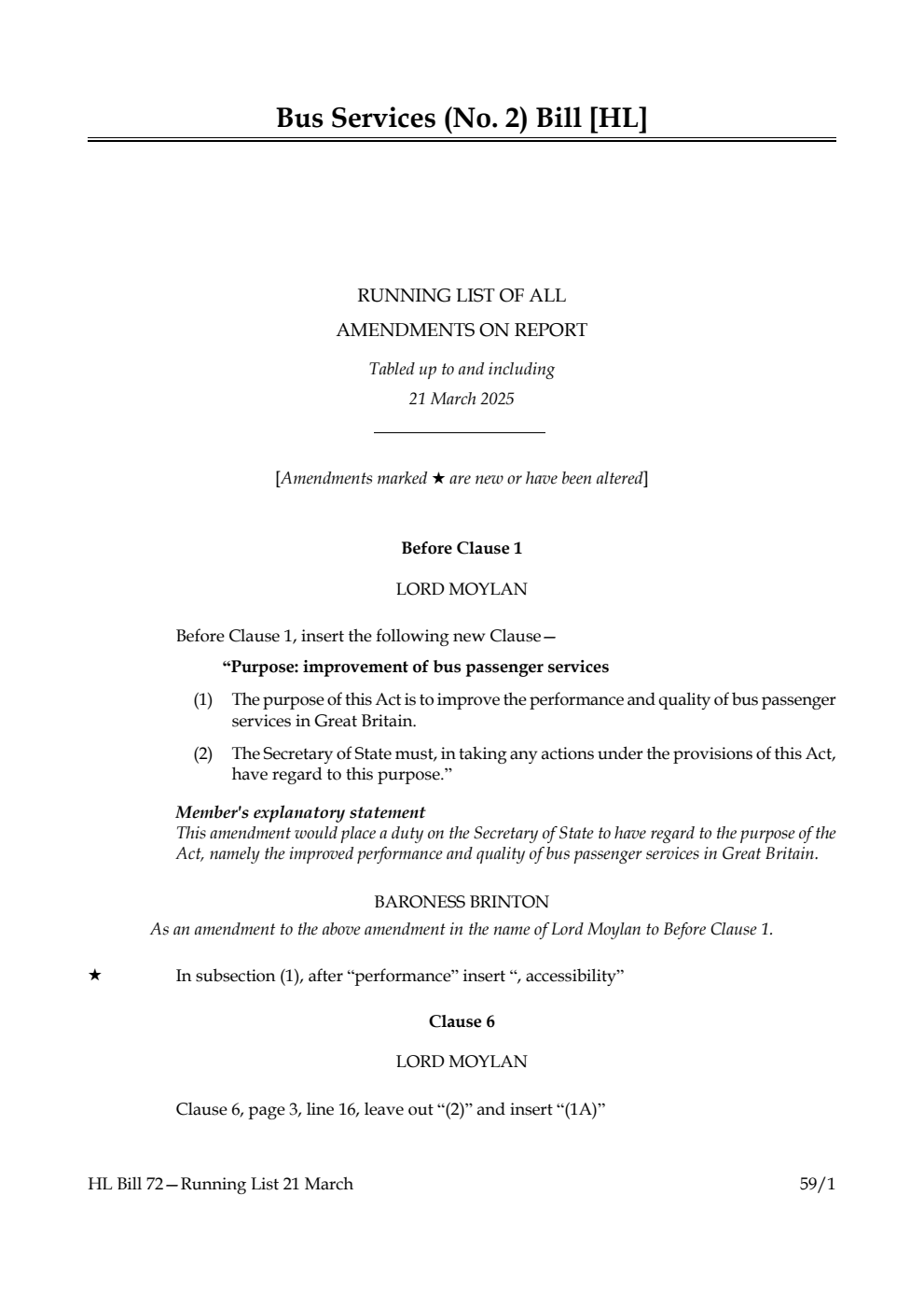 Bus Services (No. 2) Bill Running List of all amendments on report tabled up to and including 21 March 2025