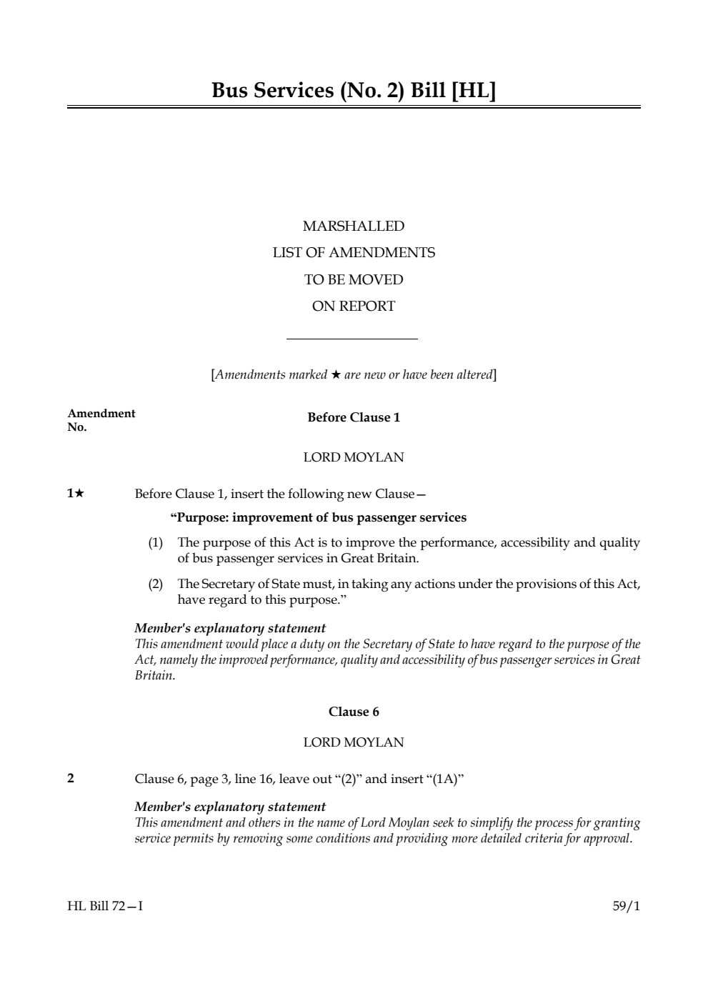 Bus Services (No. 2) Bill Marshalled List of amendments to be moved on report