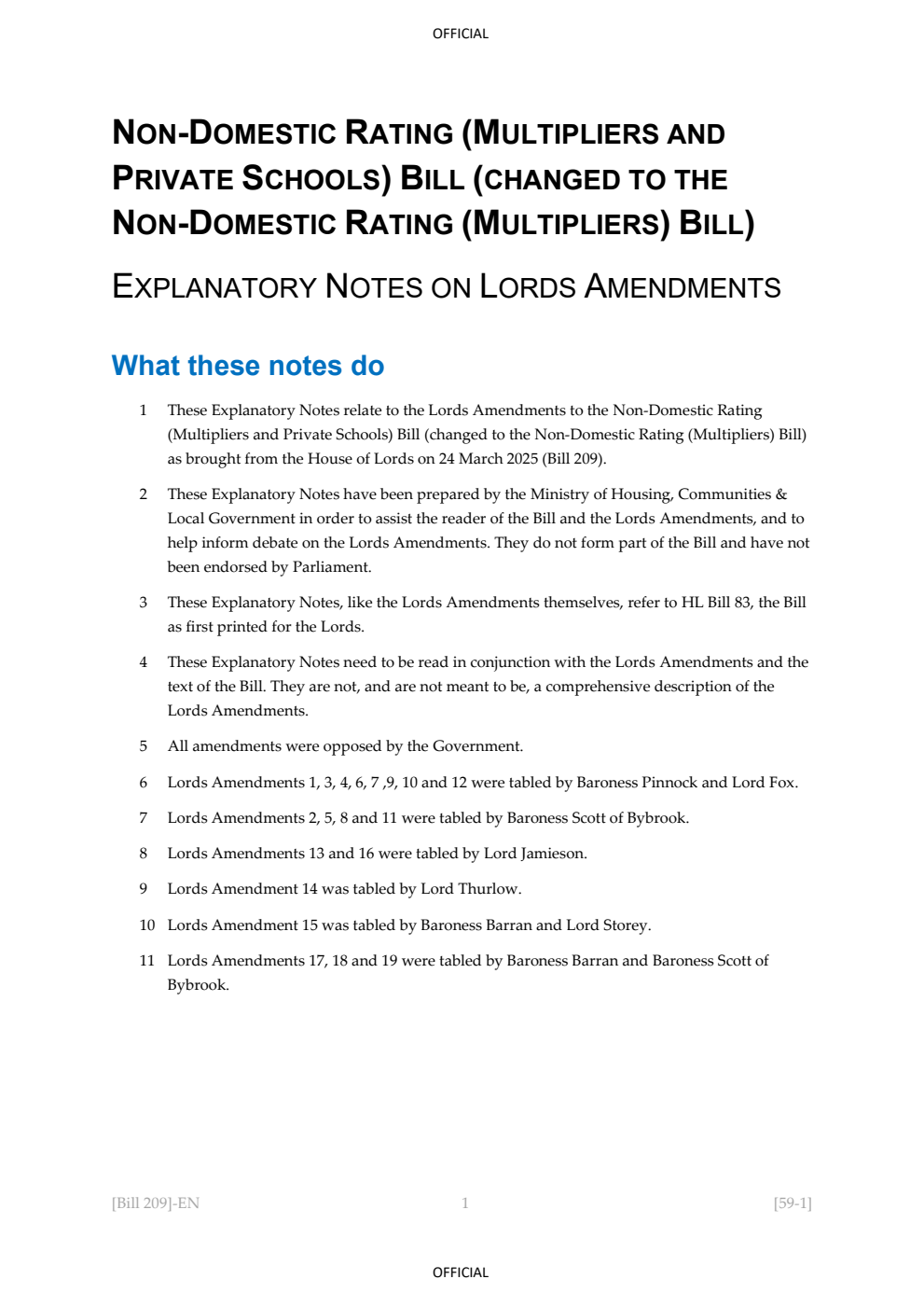 Non-Domestic Rating (Multipliers and Private Schools) Bill (changed to Non-Domestic Rating (Multipliers) Bill) Explanatory Notes on Lords Amendments