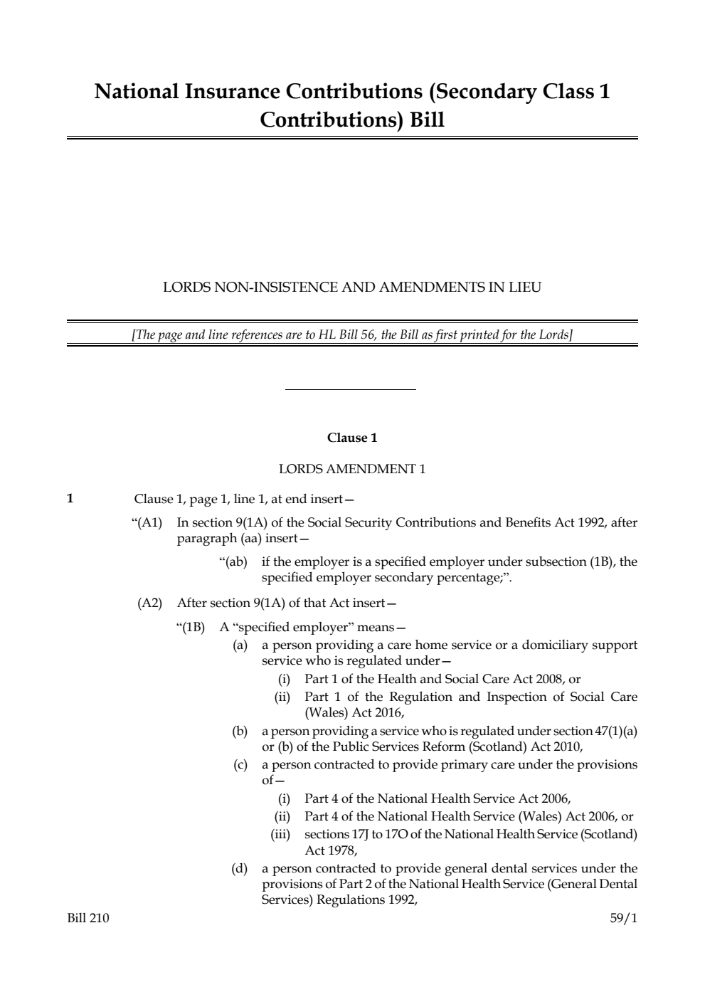 National Insurance Contributions (Secondary Class 1 Contributions) Bill Lords non-insistence and amendments in lieu
