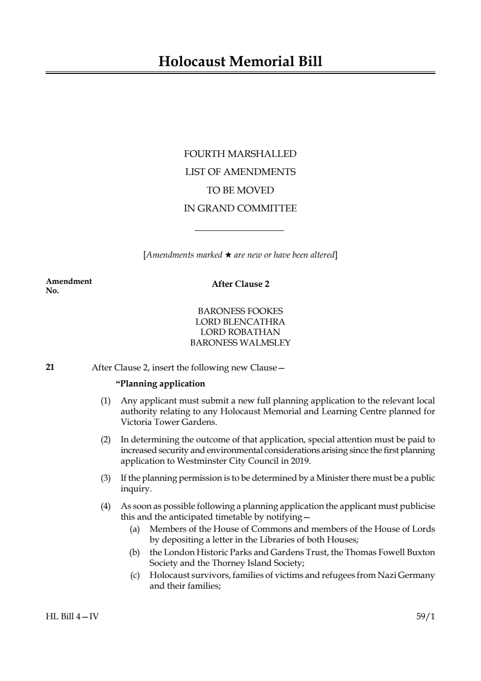 Holocaust Memorial Bill Fourth Marshalled List of amendments to be moved in Grand Committee