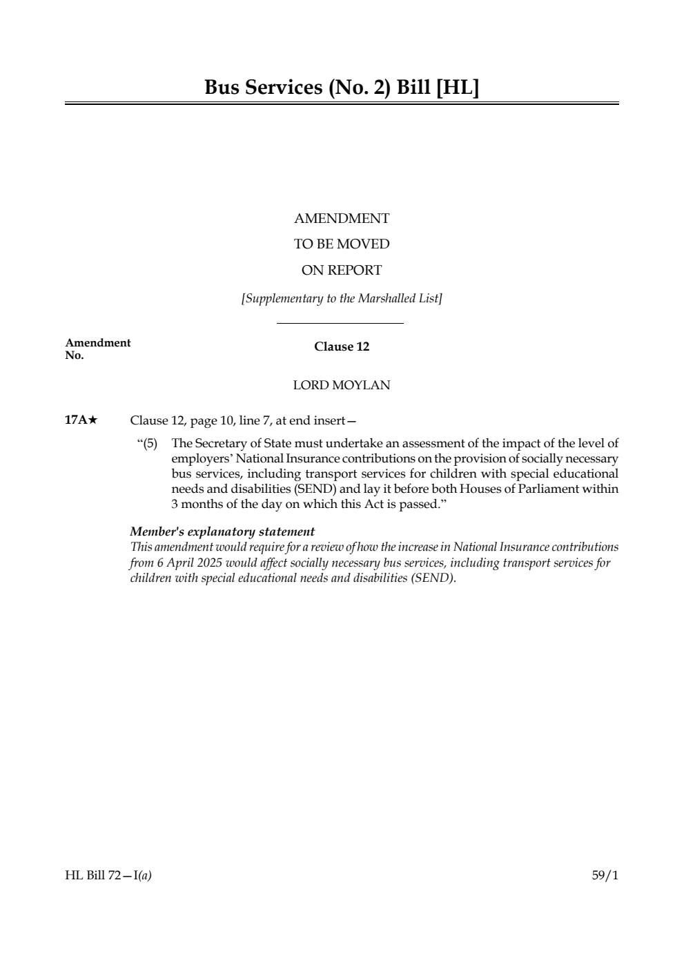 Bus Services (No. 2) Bill Amendment to be moved on Report [Supplementary to the Marshalled List] 