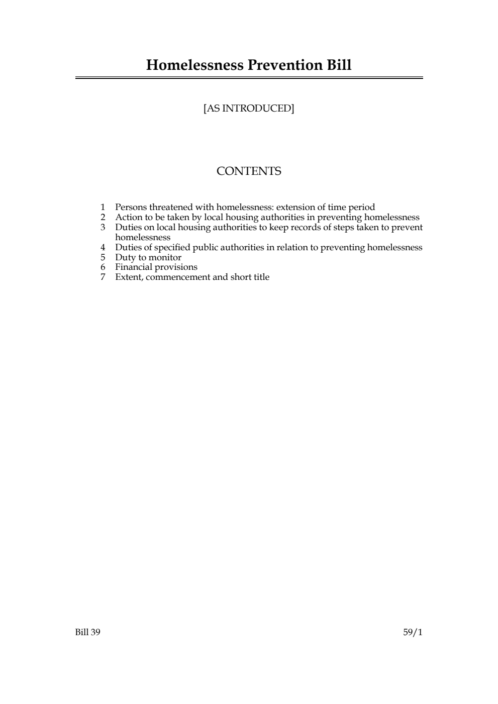 Homelessness Prevention Bill