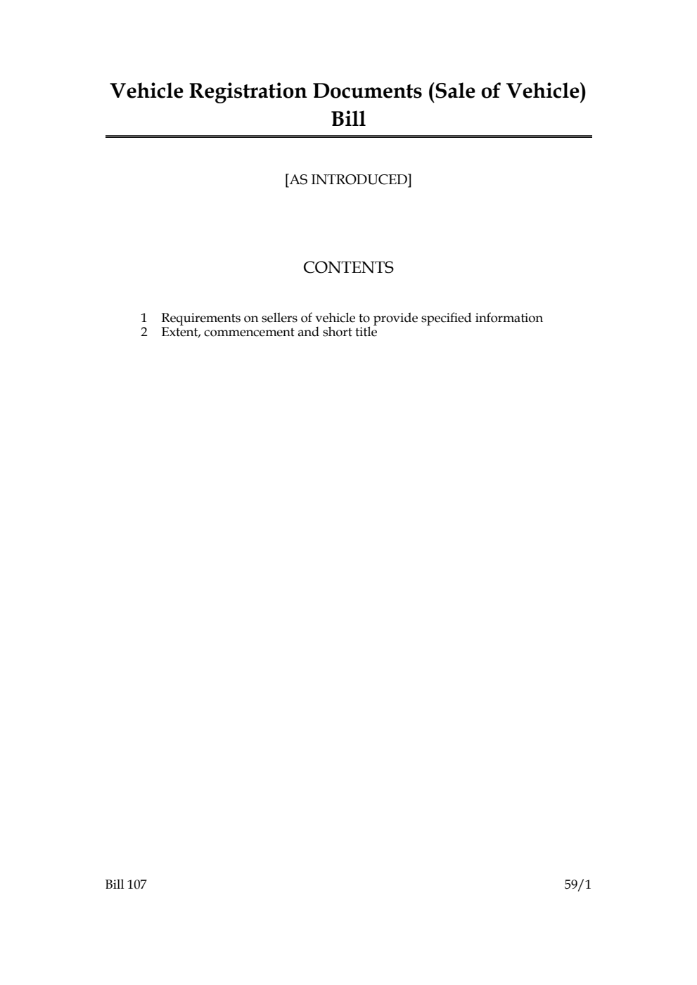 Vehicle Registration Documents (Sale of Vehicle) Bill
