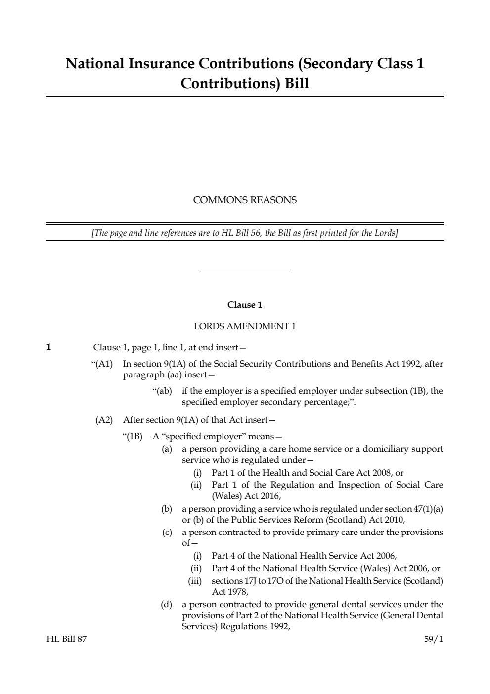 National Insurance Contributions (Secondary Class 1 Contributions) Bill Commons reasons