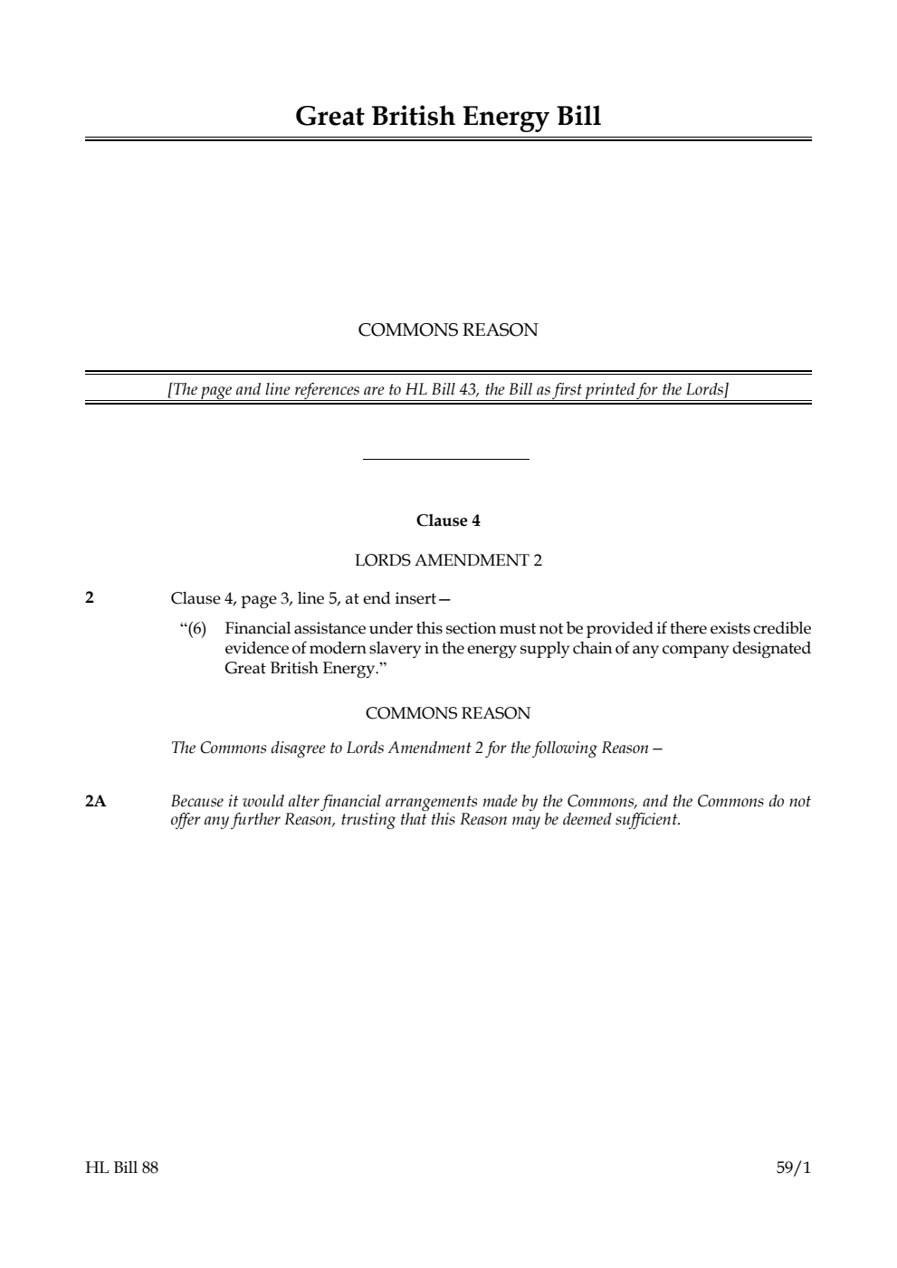 Great British Energy Bill Commons reason