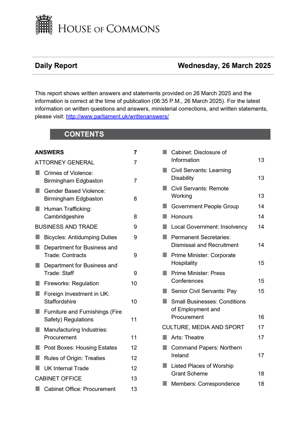 HOC Daily Report Written Statements and Answers 26.03.25