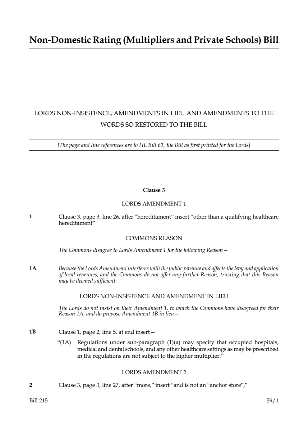 Non-Domestic Rating (Multipliers and Private Schools) Bill Lords non-insistence, amendments in lieu and amendments to the words so restored to the Bill