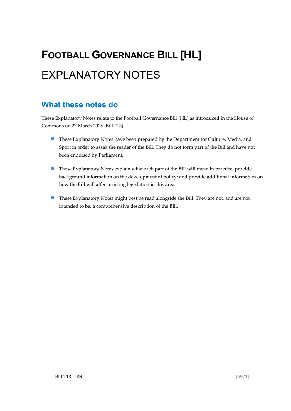Football Governance Bill Explanatory Notes
