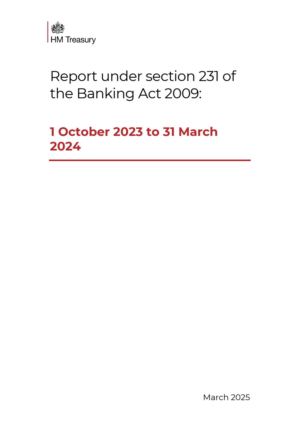 Report under section 231 of the Banking Act 2009: 1 October 2023 to 31 March 2024