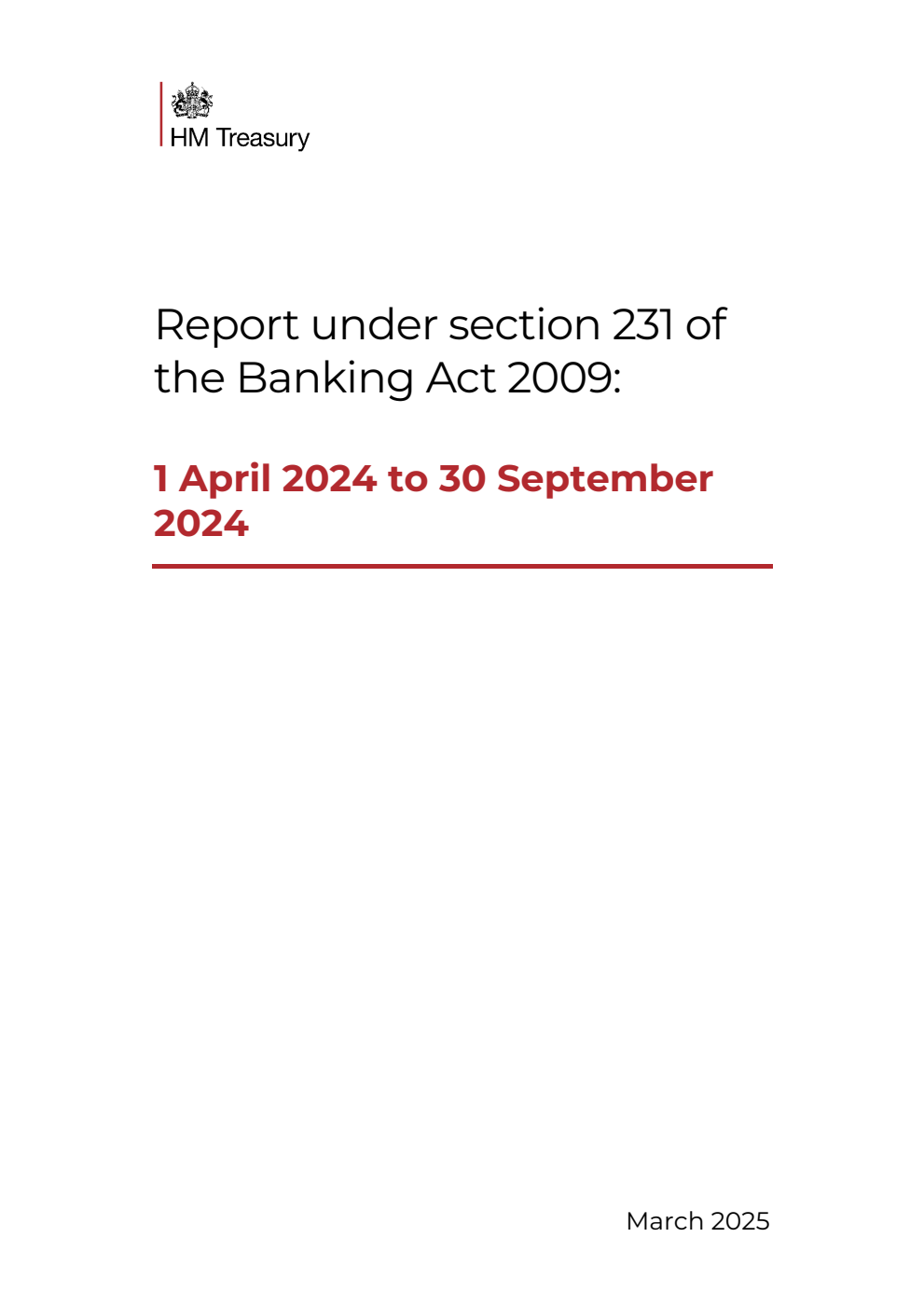 Report under section 231 of the Banking Act 2009: 1 April 2024 to 30 September 2024