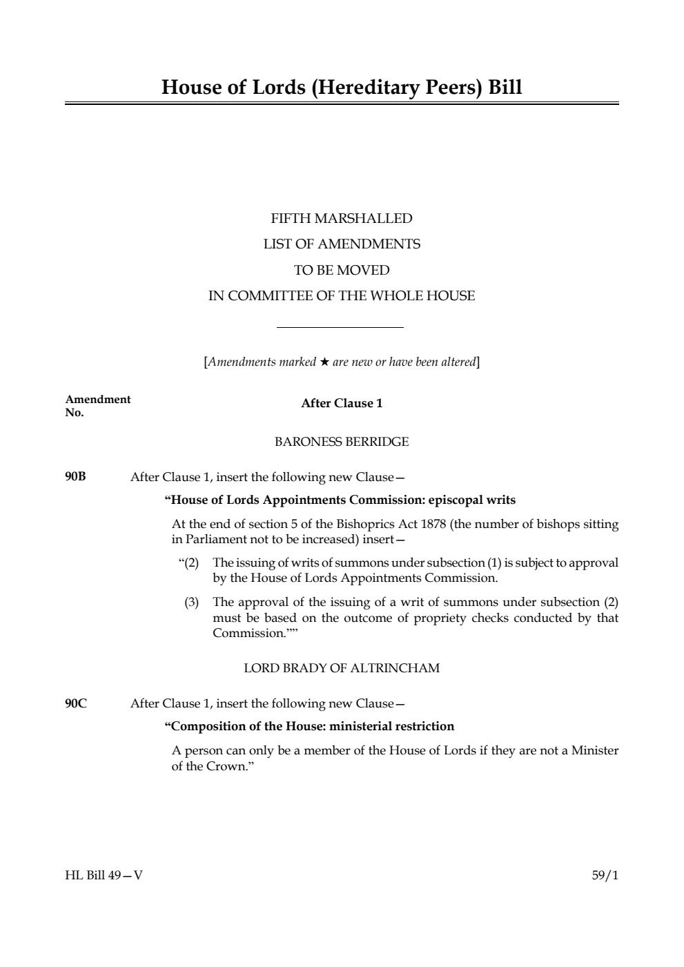 House of Lords (Hereditary Peers) Bill Fifth Marshalled List of amendments to be moved in Committee of the Whole House