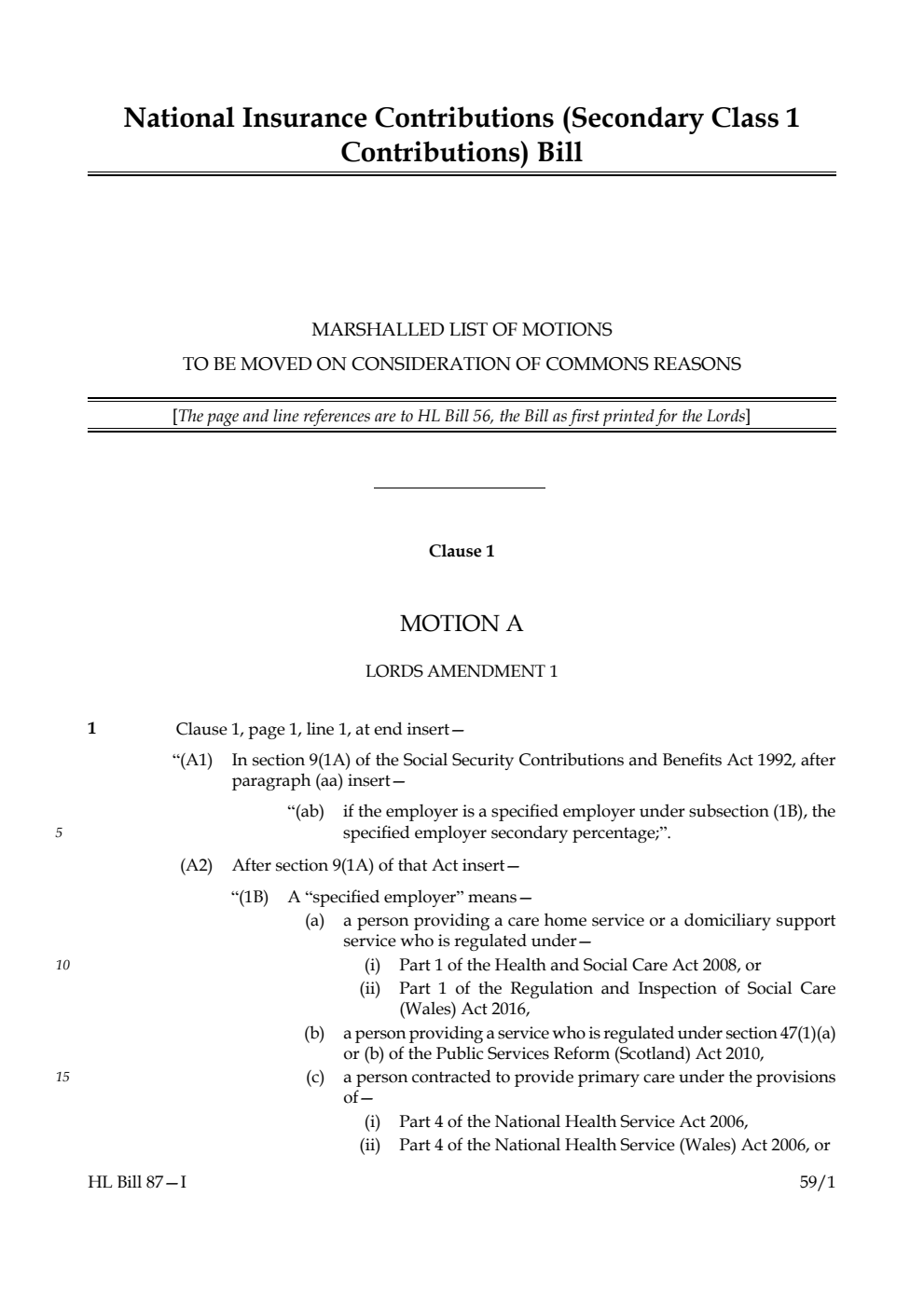 National Insurance Contributions (Secondary Class 1 Contributions) Bill Marshalled List of Motions to be moved on consideration of Commons reasons