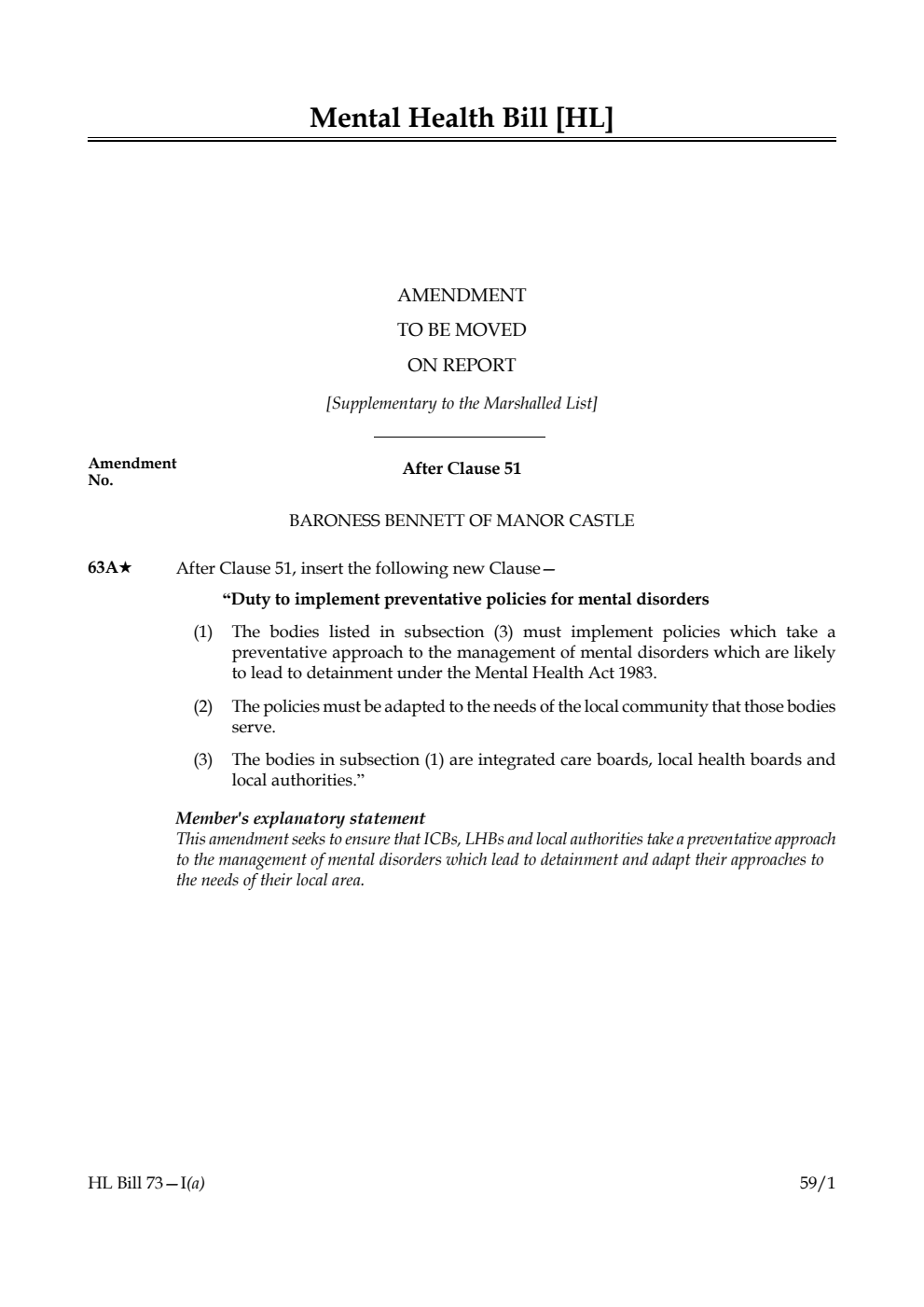 Mental Health Bill Amendment to be moved on report [Supplementary to the Marshalled List]