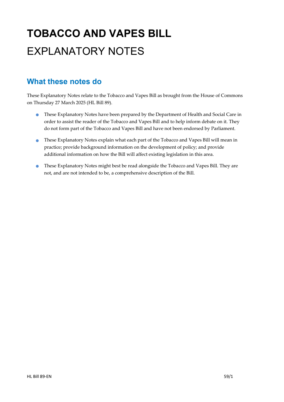 Tobacco and Vapes Bill Explanatory Notes