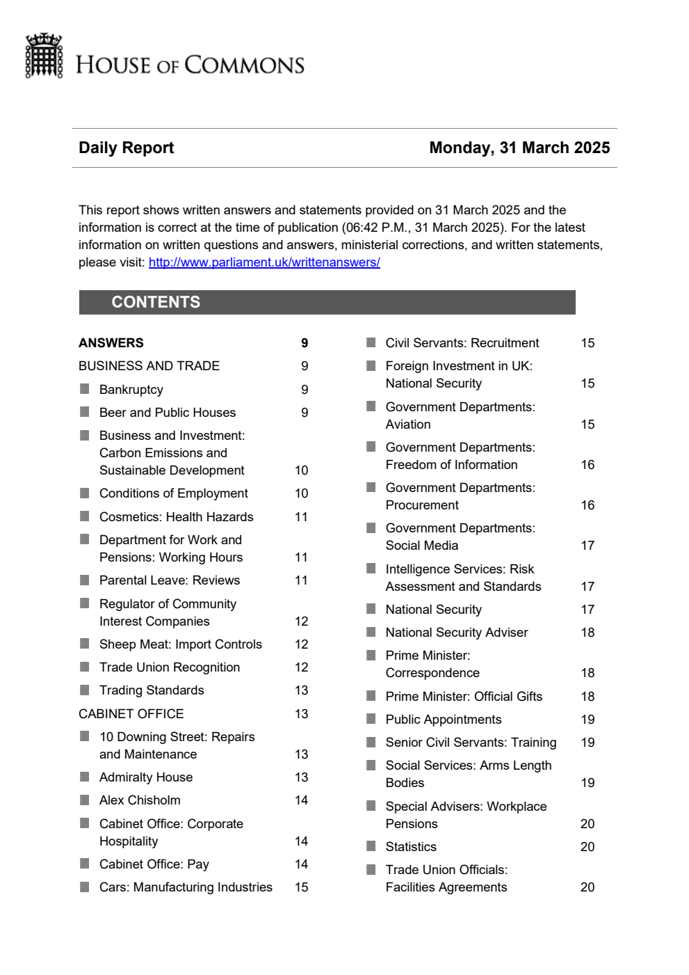 HOC Daily Report Written Statements and Answers 31.03.25