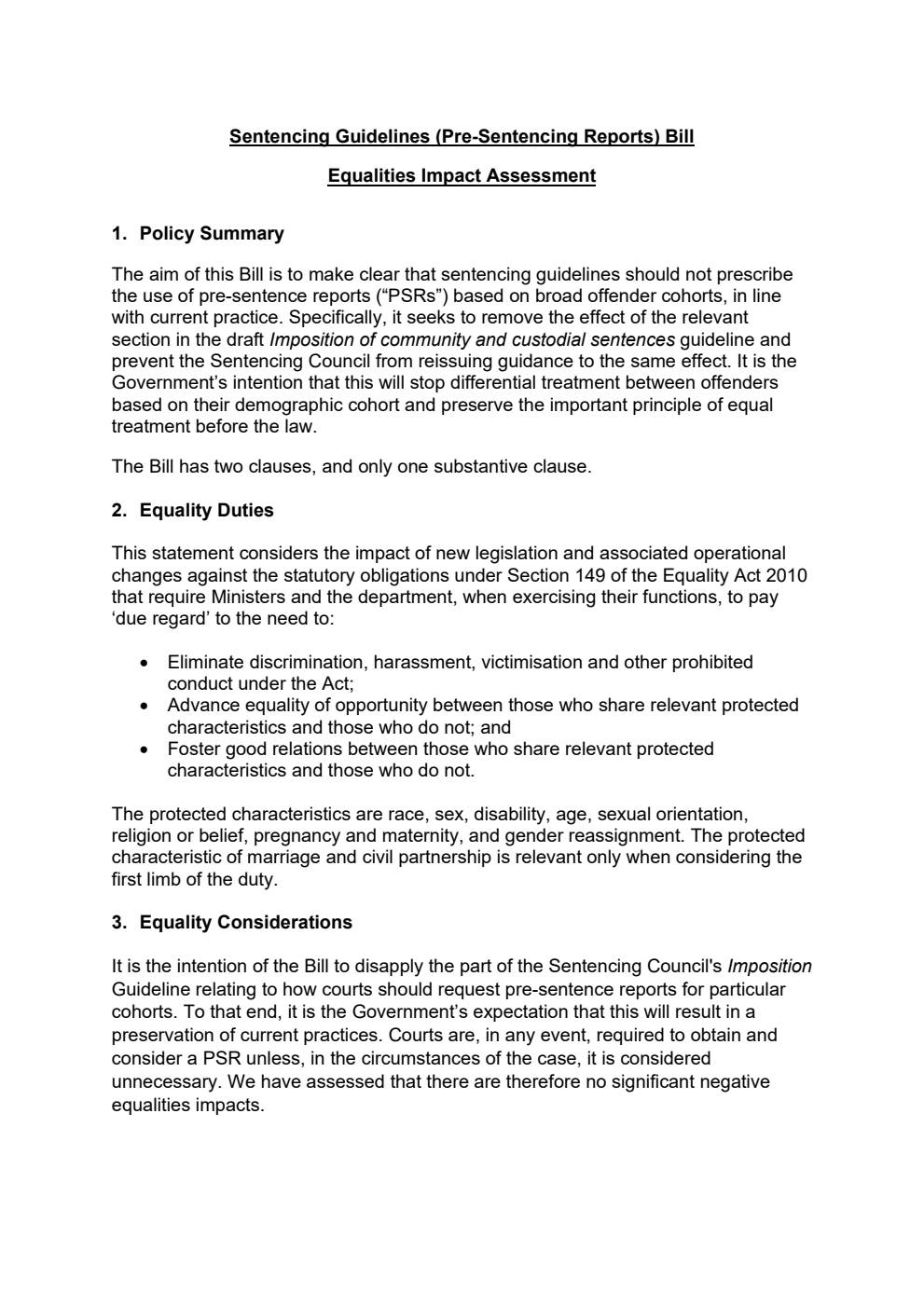 Sentencing Guidelines (Pre-sentence Reports) Bill Equalities Impact Assessment