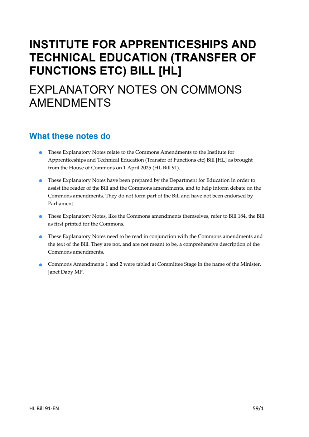 Institute for Apprenticeships and Technical Education (Transfer of Functions etc) Bill Explanatory Notes on Commons amendments