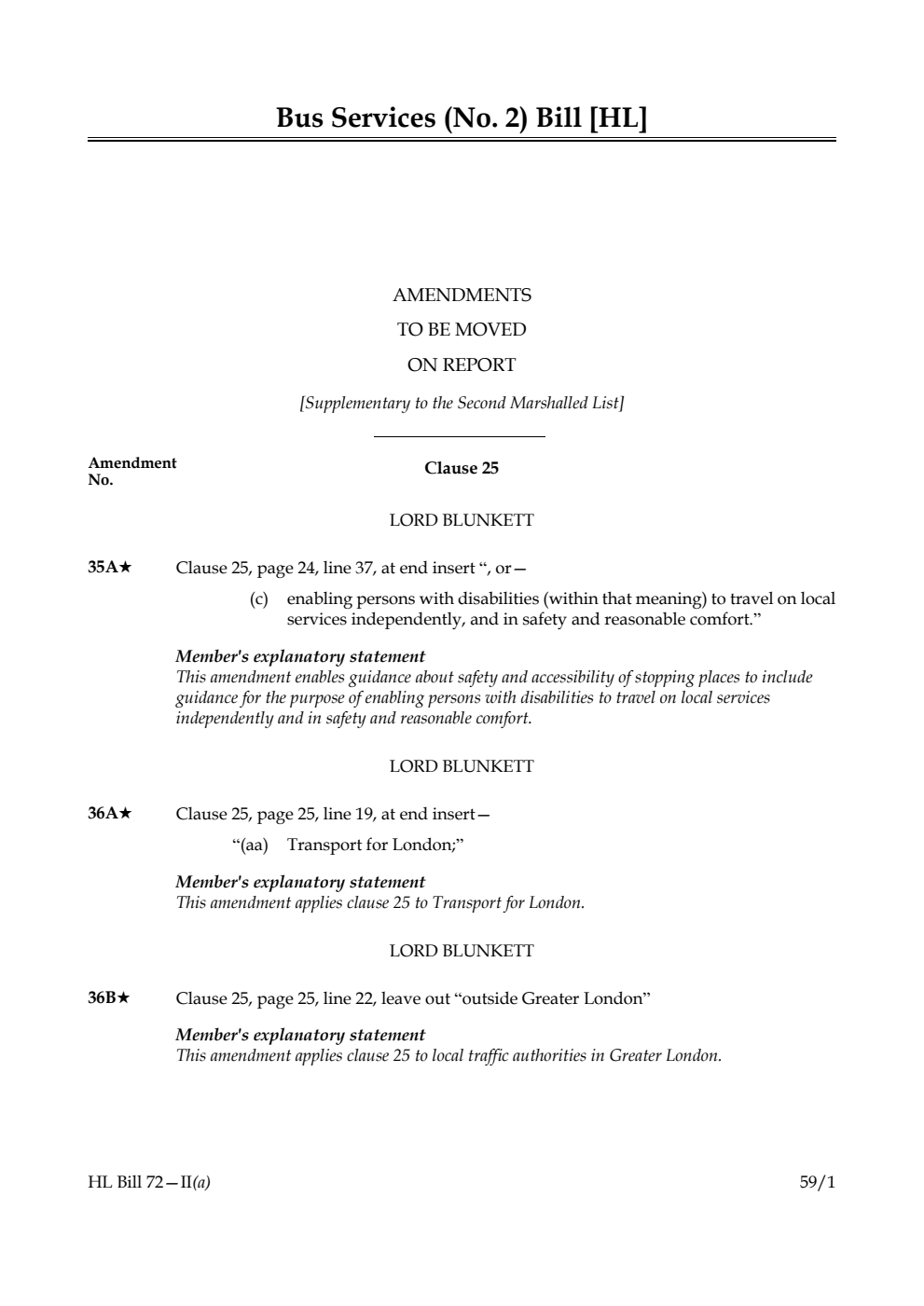 Bus Services (No. 2) Bill Amendments to be moved on report [Supplementary to the Marshalled List]