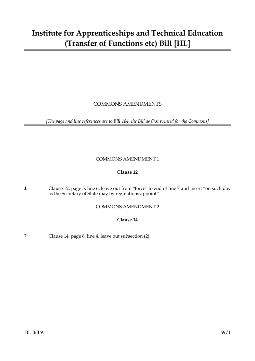 Institute for Apprenticeships and Technical Education (Transfer of Functions etc) Bill Commons amendments