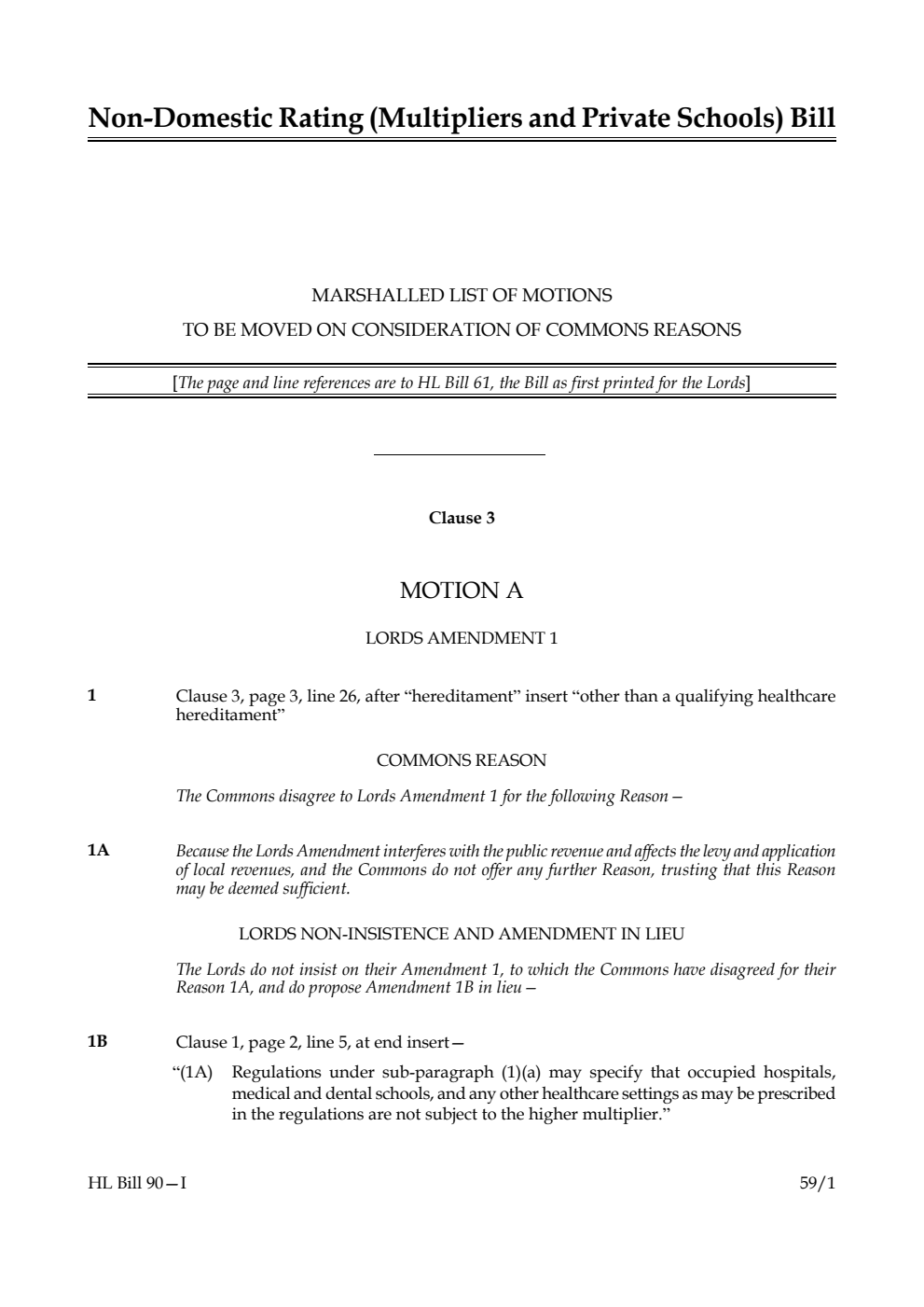 Non-domestic Rating (Multipliers and Private Schools) Bill Marshalled List of motions to be moved on consideration of Commons reasons