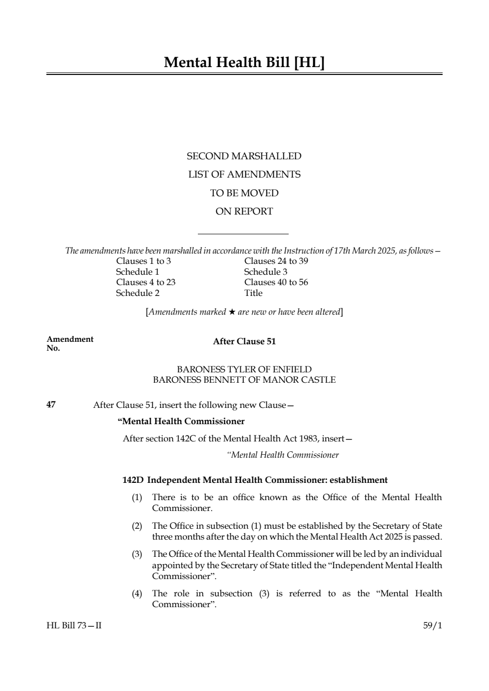 Mental Health Bill Second Marshalled List of amendments to be moved on report