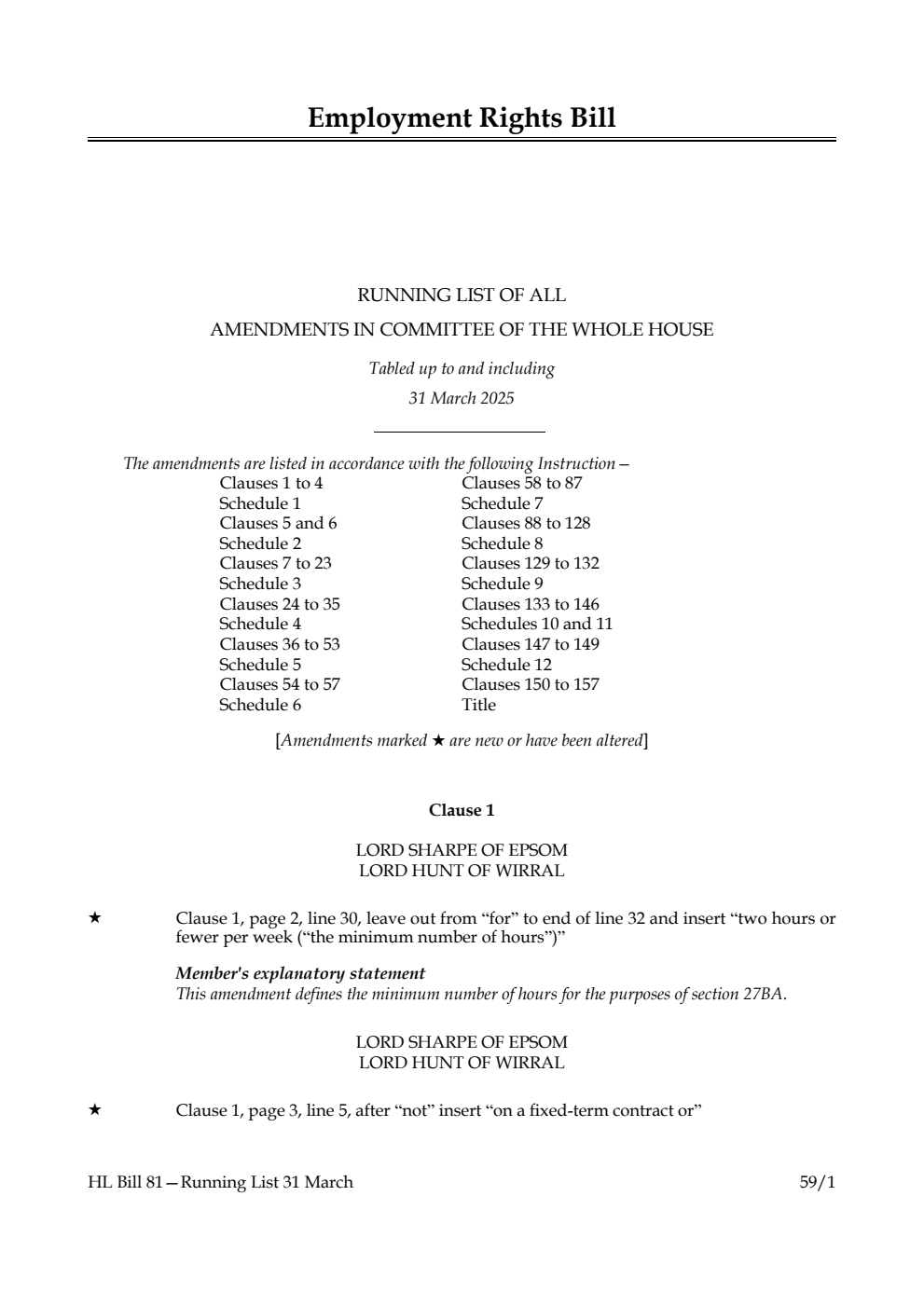 Employment Rights Bill Running List of all amendments in Committee of the Whole House tabled up to and including 31 March 2025