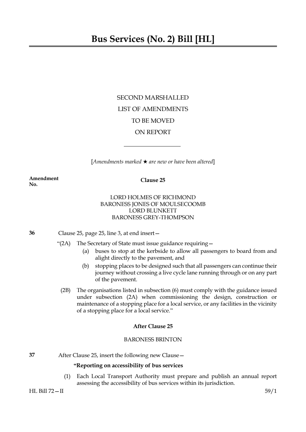 Bus Services (No. 2) Bill Second Marshalled List of amendments to be moved on report