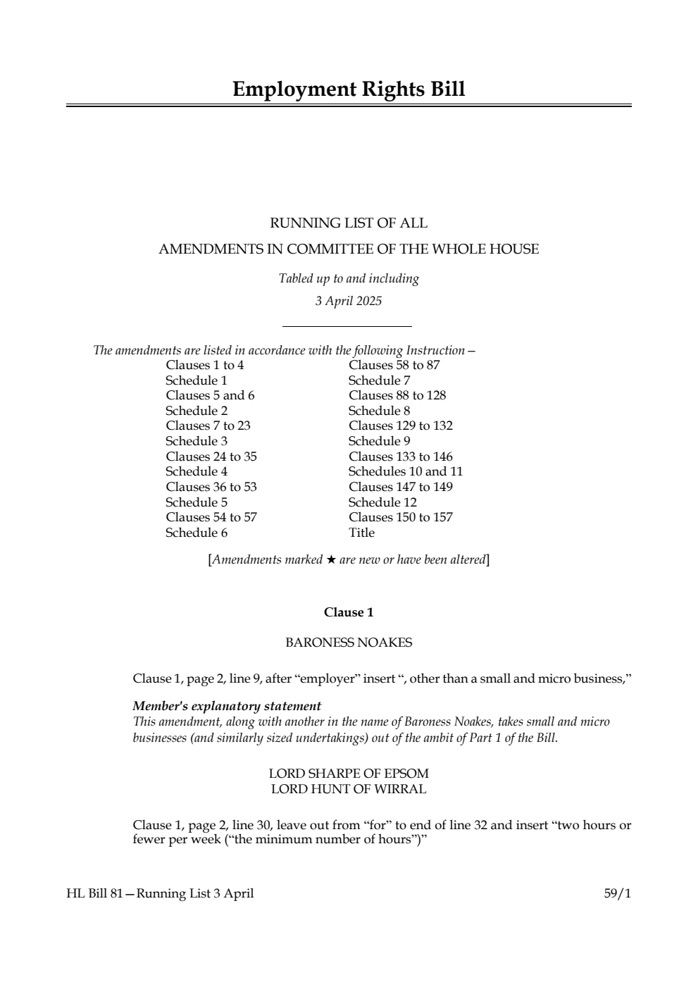 Employment Rights Bill Running List of all amendments in Committee of the Whole House tabled up to and including 3 April 2025