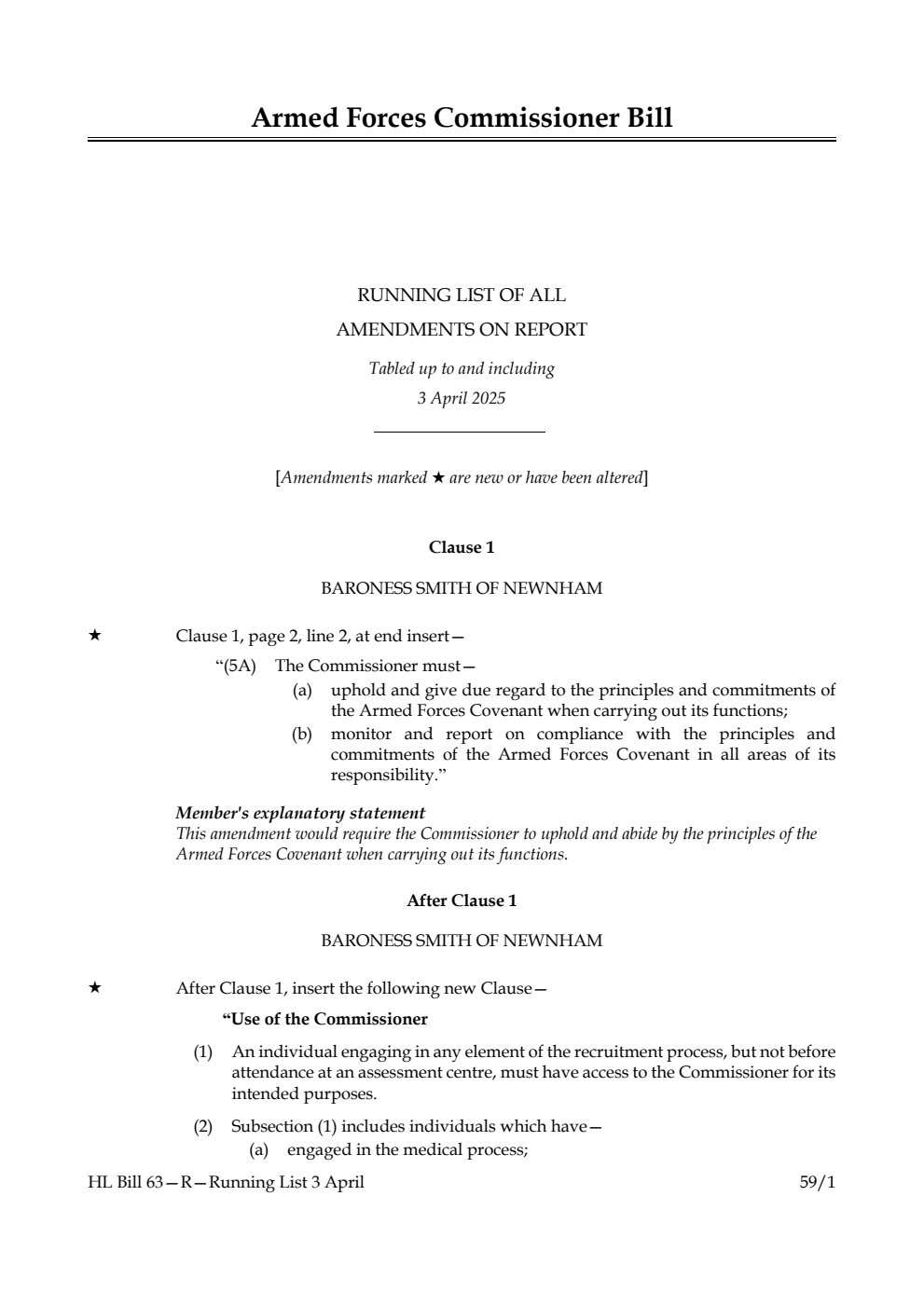 Armed Forces Commissioner Bill Running List of all amendments on report tabled up to and including 3 April 2025