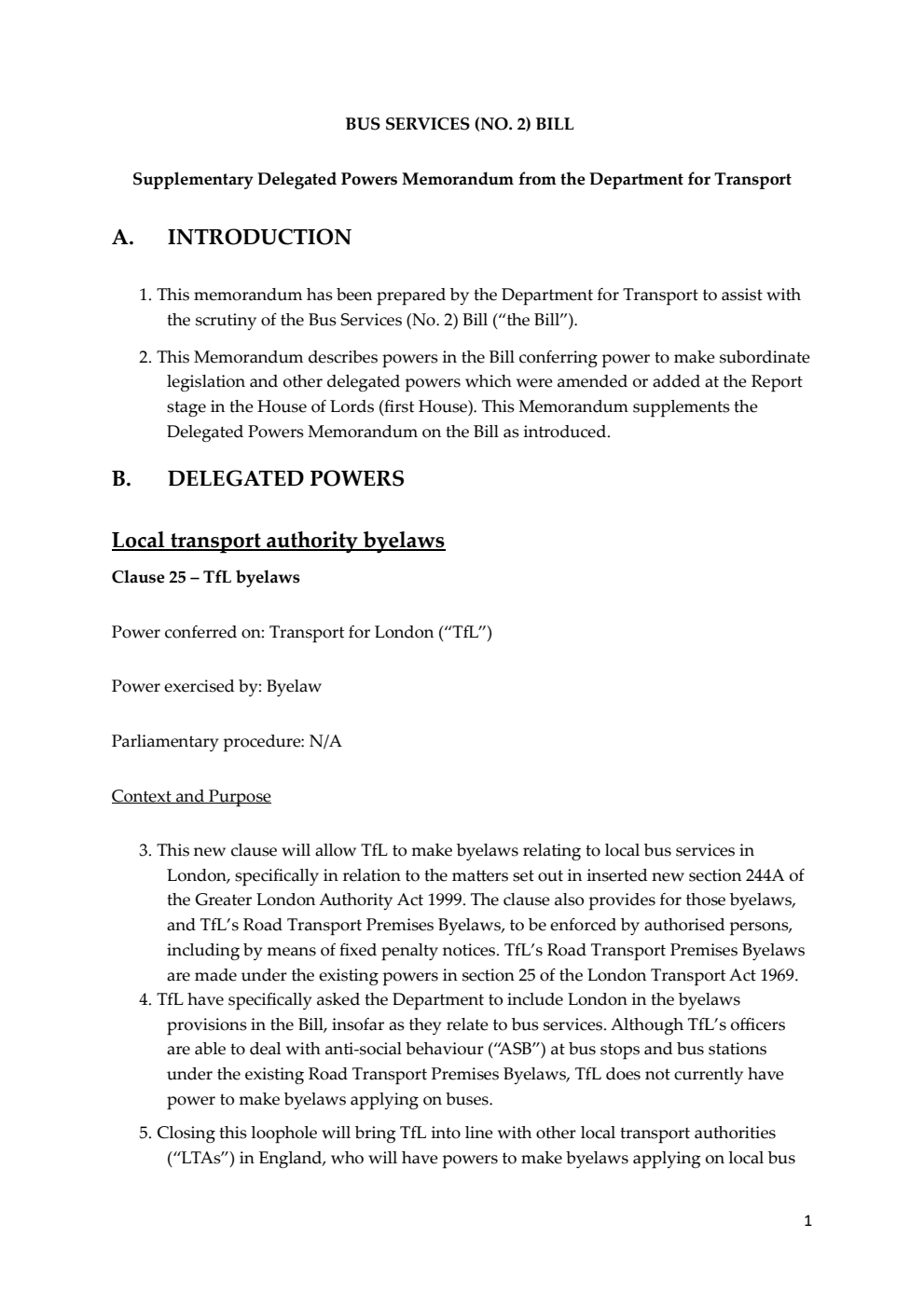 Bus Services (No. 2) Bill Supplementary Delegated Powers Memorandum from the Department for Transport