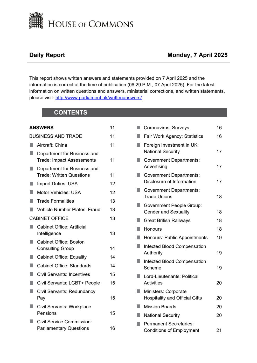HOC Daily Report Written Statements and Answers 07.04.25