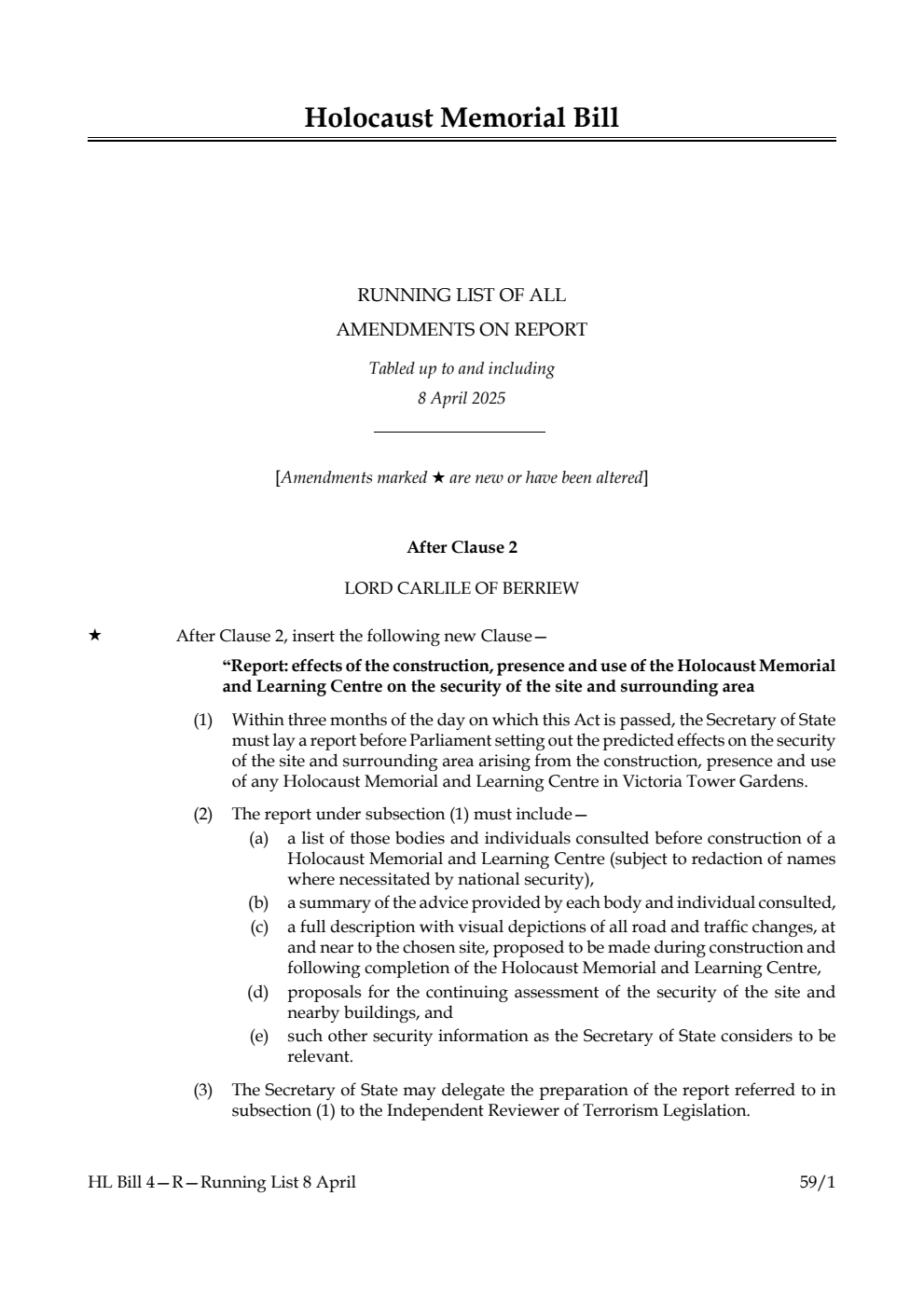 Holocaust Memorial Bill Running List of all amendments on report tabled up to and including 8 April 2025