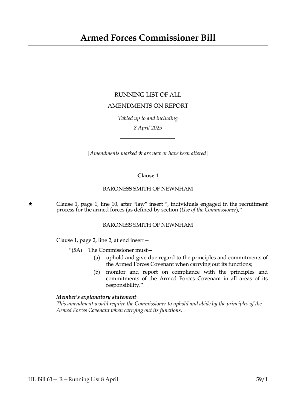 Armed Forces Commissioner Bill Running List of all amendments on report tabled up to and including 8 April 2025