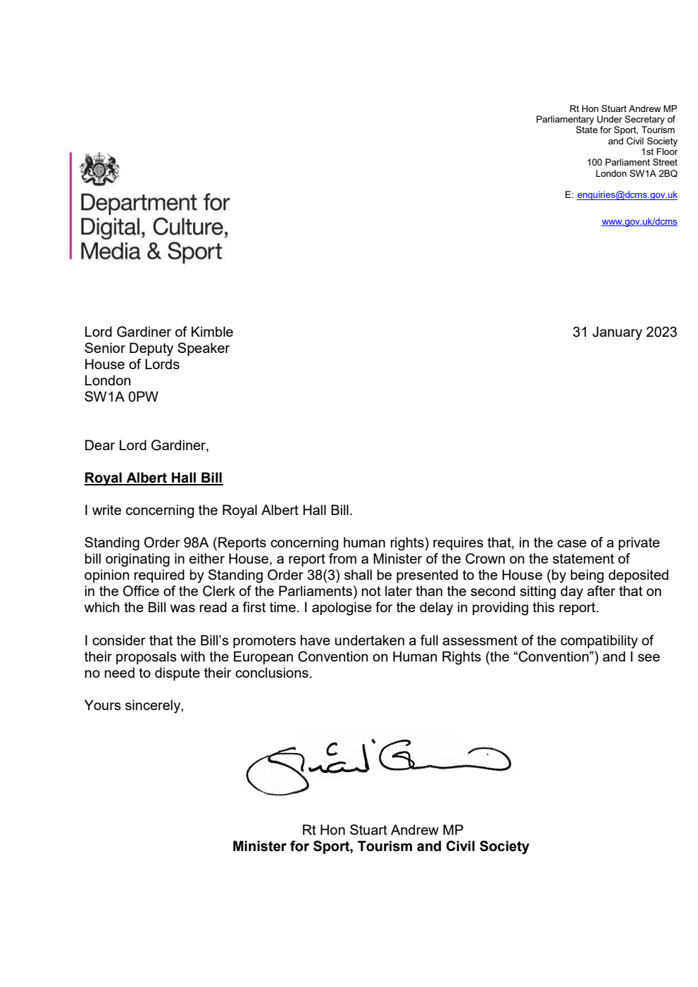 Royal Albert Hall Bill Statement of ECHR compatibility 31 January 2023