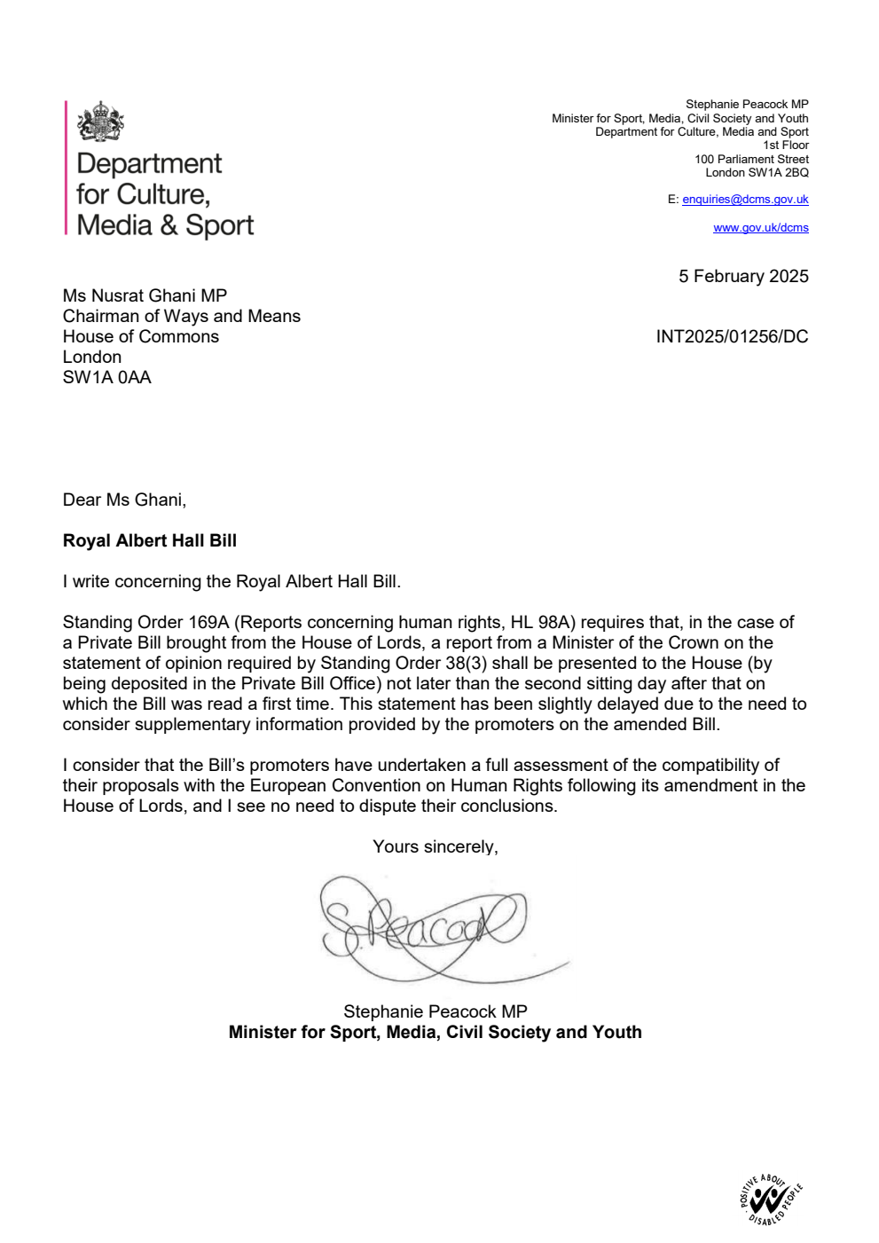 Royal Albert Hall Bill Statement of ECHR compatibility 5 February 2025