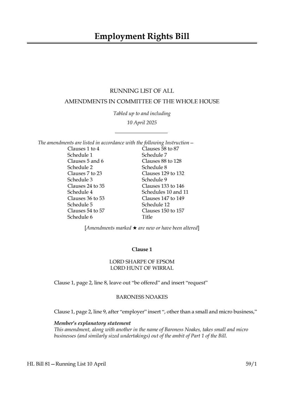 Employment Rights Bill Running List of all amendments in Committee of the Whole House tabled up to and including 10 April 2025